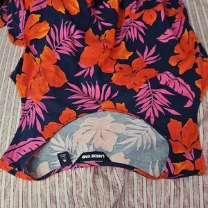 Lands' End navy dress with bright pink and orange tropical print